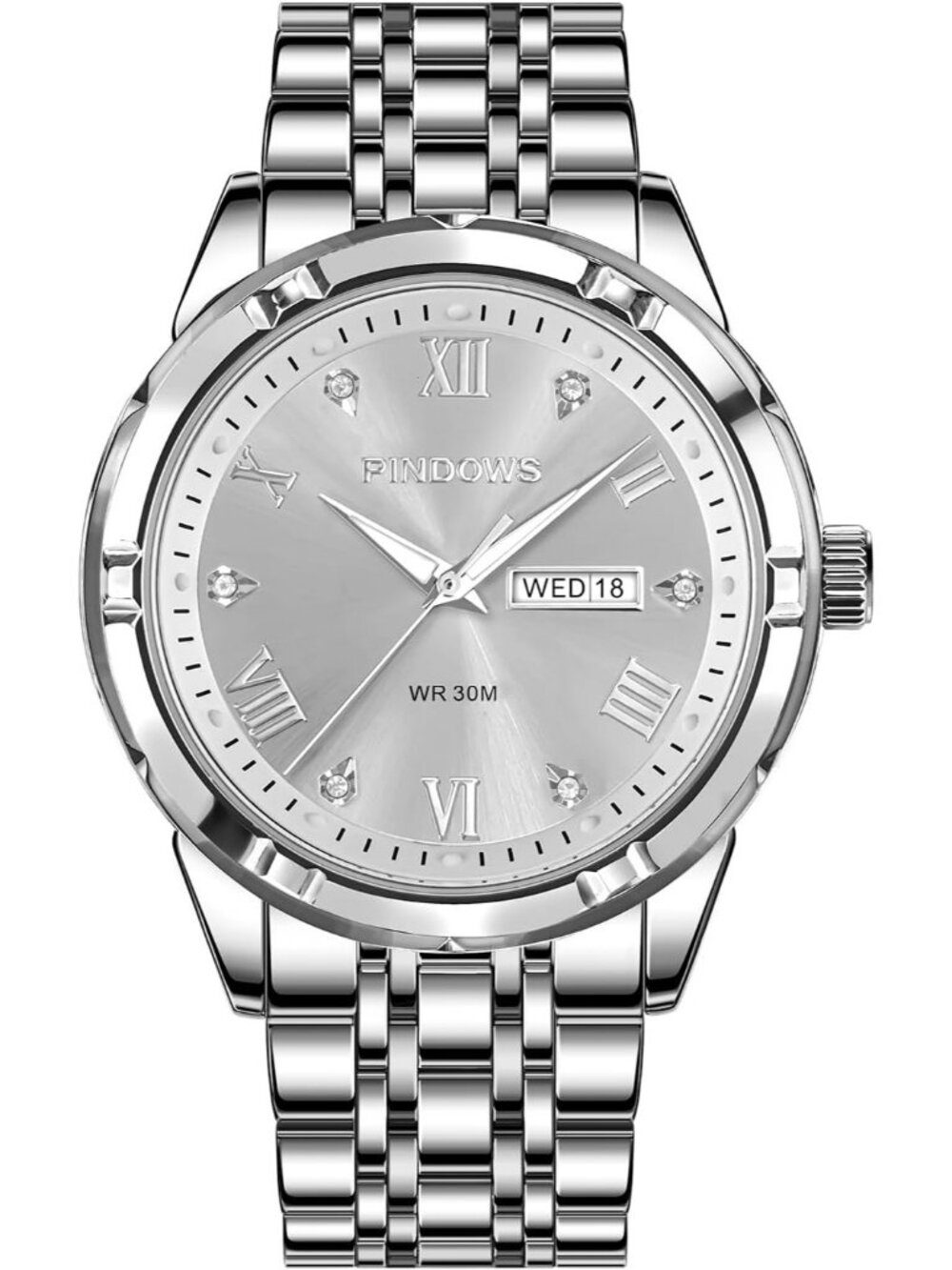 Men's Silvery Classic Quartz Watch Stainless Steel Diamond Dial Wrist Watches